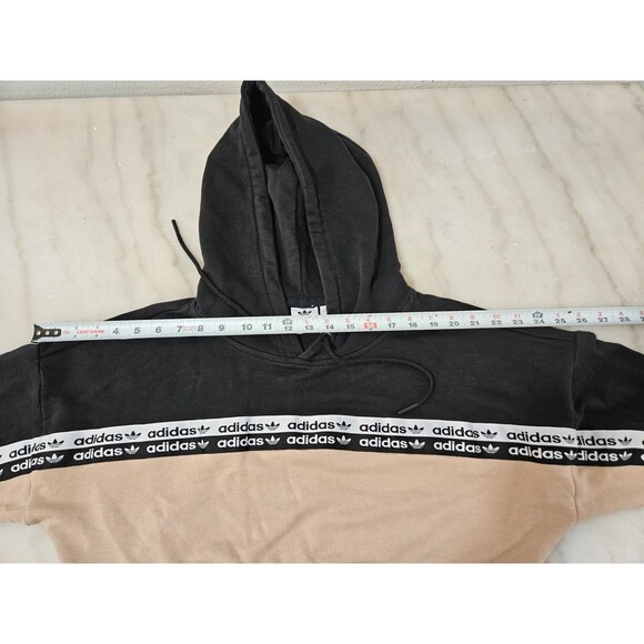 Adidas Originals Women's Beige Black Logo Tape Cropped Hoodie Sweatshirt Size 32 - Picture 4 of 12